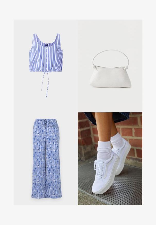 Blauw-wit gestreepte crop top met een ronde halslijn, knopen aan de voorkant, elastische zoom en een strikdetail aan de onderkant. Gemaakt van lichte stof.; Blauwe gestreepte wijde broek met een trekkoord in de taille, gemaakt van lichte stof met witte abstracte lijnontwerpen.; Witte canvas sneakers met rubberen zolen, voorzien van zes vetertjes, een ronde neus en lichte stikdetails, gecombineerd met witte enkelsokken.; Witte handtas van gevlochten leer met een afgeronde handgreep en uiteinden van de band die geknoopt zijn, afgebeeld tegen een effen achtergrond.