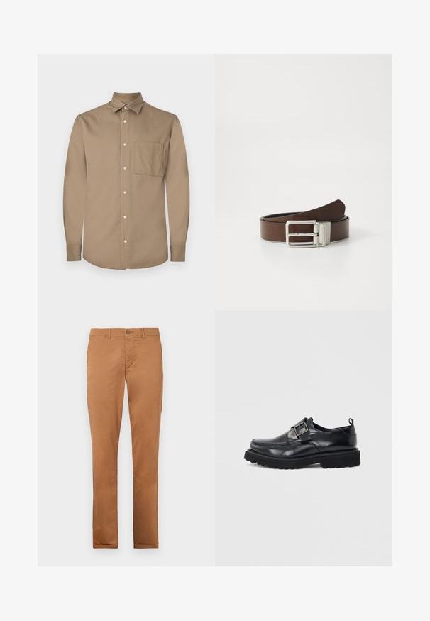 Chemise marron à manches longues avec un devant boutonné, col pointu, poche poitrine simple et texture de tissu lisse et mate.; Chinos en coton marron avec une coupe slim, dotés d'une fermeture à bouton, de poches latérales et d'une texture lisse.; Mocassin en cuir noir avec semelle épaisse et sangle à boucle argentée sur le côté, sur fond blanc.; Ceinture en cuir brun avec une texture lisse, dotée d'une boucle en métal argenté et d'un design minimaliste. La boucle a une forme rectangulaire.