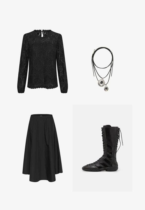 Blouse en dentelle noire à manches longues avec un col rond, un ourlet festonné et un dos avec un détail en clé. Motif floral délicat sur l'ensemble.; Jupe noire mi-longue avec une taille élastique, dotée de plis pour plus de volume et d'une texture lisse. Design simple et classique sans embellissements.; Bottes montantes noires en matériau synthétique brillant, présentant un design de laçage sophistiqué et des accents de rayures diagonales sur les côtés.; Collier double couche en cordon noir avec deux pendentifs en forme de goutte d'argent, chacun ornée d'un centre en pierre noire et de bords décoratifs.