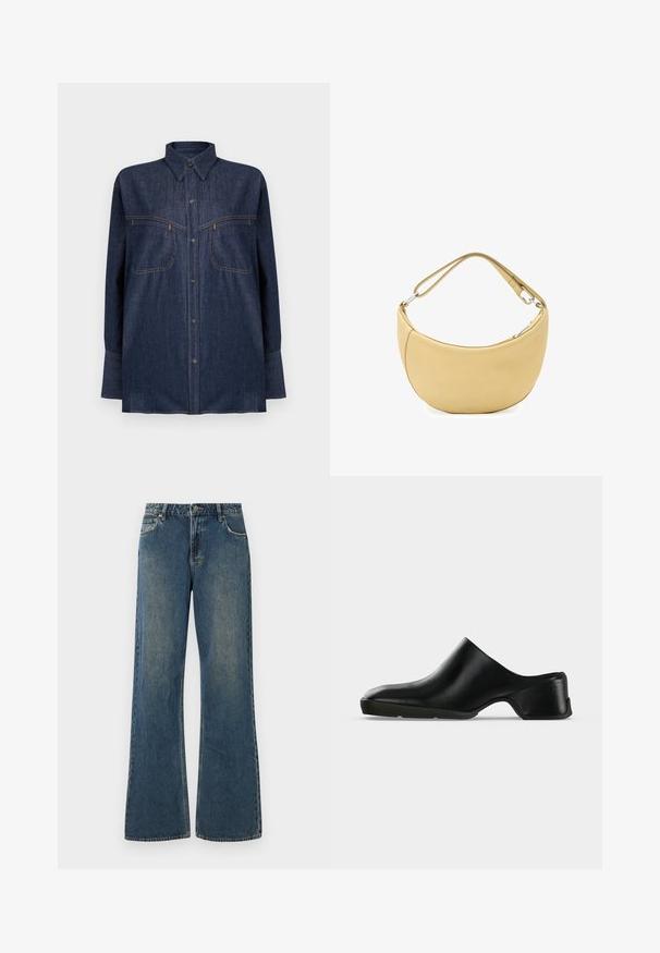 Mørkeblå denimskjorte med lange ærmer, knappelukning foran, to brystlommer og kontrasterende orange syninger. Klassisk krave og afslappet pasform.; Bredde ben denim jeans i mellemblå med en falmet finish. Har fem lommer, bæltestropper og en metalknaplukning. Så lavet af bomuldsstof.; Sort læder mule sko med lav hæl, rundet tå og slip-on design, vist i sideprofil på en lys baggrund.; Blød beige skuldertaske i læder formet som en halvmåne med justerbar rem og sølvfarvet lynlåslukning.