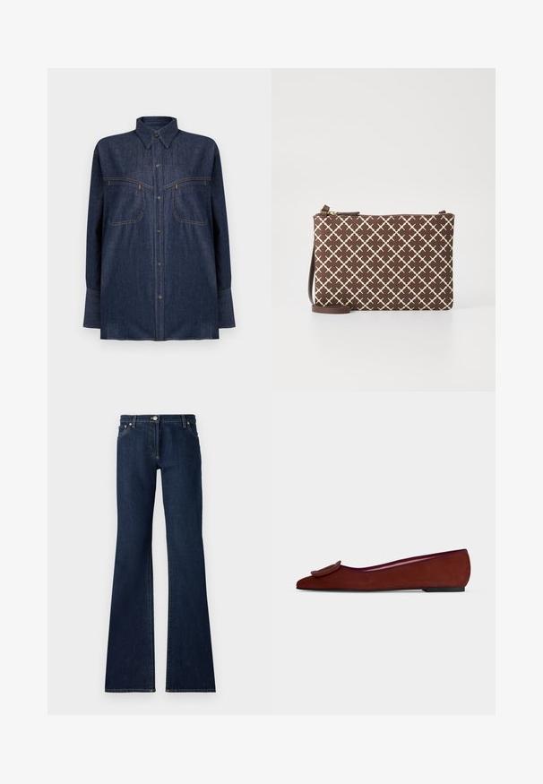 Chemise en denim bleu foncé à manches longues, fermeture à boutons, deux poches poitrine et surpiqûres contrastantes orange. Col classique et coupe décontractée.; Jean flare bleu foncé en denim, dotés d'un design à cinq poches, de passants de ceinture et de coutures jaunes contrastées le long des coutures.; Chaussure plate en daim marron pour femme avec bout pointu et grande boucle décorative sur le dessus sur fond uni.; Pochette marron à motifs avec un design géométrique en beige clair, dotée d'une fermeture éclair et d'une bandoulière réglable marron.