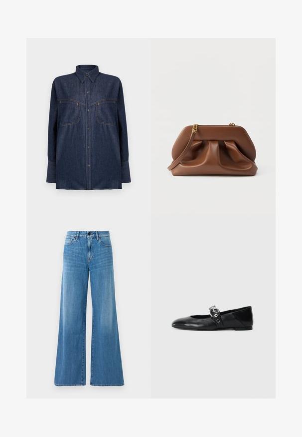 Mørkeblå denimskjorte med lange ærmer, knappelukning foran, to brystlommer og kontrasterende orange syninger. Klassisk krave og afslappet pasform.; Blå højtaljede denim jeans med bred benudskæring, frontknap, lynlåslukning og for- samt baglommer.; Sorte læder balletflade med spids tå, udstyret med en rem med en cirkulær metallisk spænde og en flad sål.; Brun clutchtaske i læder med rynket design, guldfarvet hardware og aftagelig håndledsrem på hvid baggrund.