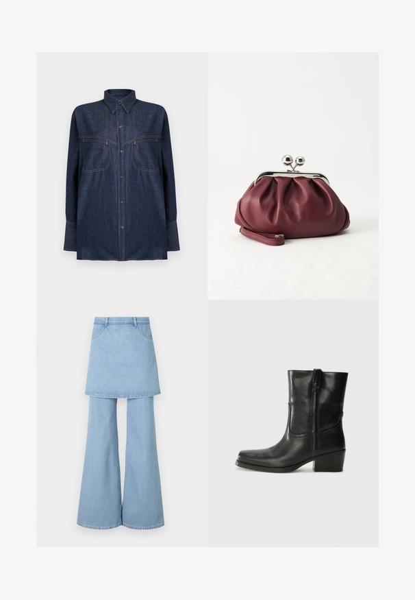 Mørkeblå denimskjorte med lange ærmer, knappelukning foran, to brystlommer og kontrasterende orange syninger. Klassisk krave og afslappet pasform.; Denim nederdel-buks hybrid, med lyseblåt stof, flared ben og synlige syninger. Designet med frontlommer og en talje.; Sort læder ankelstøvle med rundt tå, blokhæl, lynlås i siden og stikninger på vampsiden. Glat tekstur, klassisk design.; Lille bordeauxlæder clutch-pung med sølv metal lukning og håndledsrem på hvid baggrund.