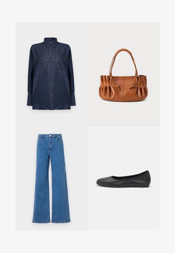 Tumesinine teksasärk pikkade varrukatega, eest nööbitav, kahe rinnatasku ja kontrastse oranži õmblusega. Klassikalise krae ja lõdvestunud istuvusega.; Laiad sinised denim püksid kõrge vöökohaga, ees taskud ja nööbiga kinni. Kanga pind on sile ja klassikaline õmblusmustritega.; Musthave mustika tantsutossud mustast nahast, ümmarguse varbaga, siledast tekstuurist, minimaalse õmblusdetailiga ja paindliku tallakujundusega.; Pruun nahast käekott, millel on sile tekstuur, näidates kogutud sektsioone ja kahte pikemat kandmisriba.