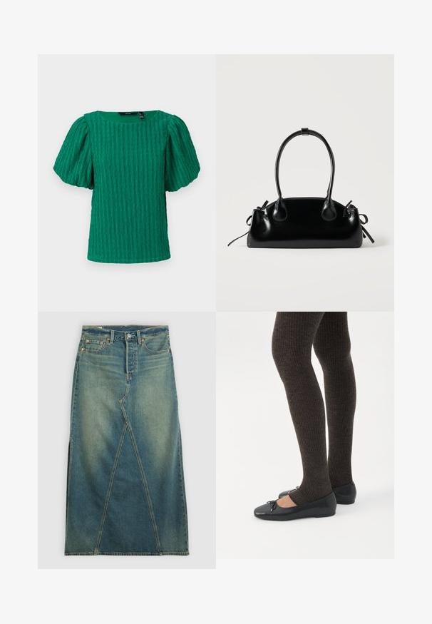 Grøn, tekstureret kortærmet top med firkantet udskæring og pufærmer. Har vertikale ribbede detaljer i hele stoffet.; Denim nederdel med høj talje i mellemblå. Har en markant frontnaht, sideskår og standard fem-lomme design.; Ben iført mørke ribbede leggings kombineret med sorte balletsko med små sløjfedetaljer på hvid baggrund.; Lille sort blank håndtaske med to lange håndtag og snøre-detaljer i siden på en ensfarvet lys baggrund.