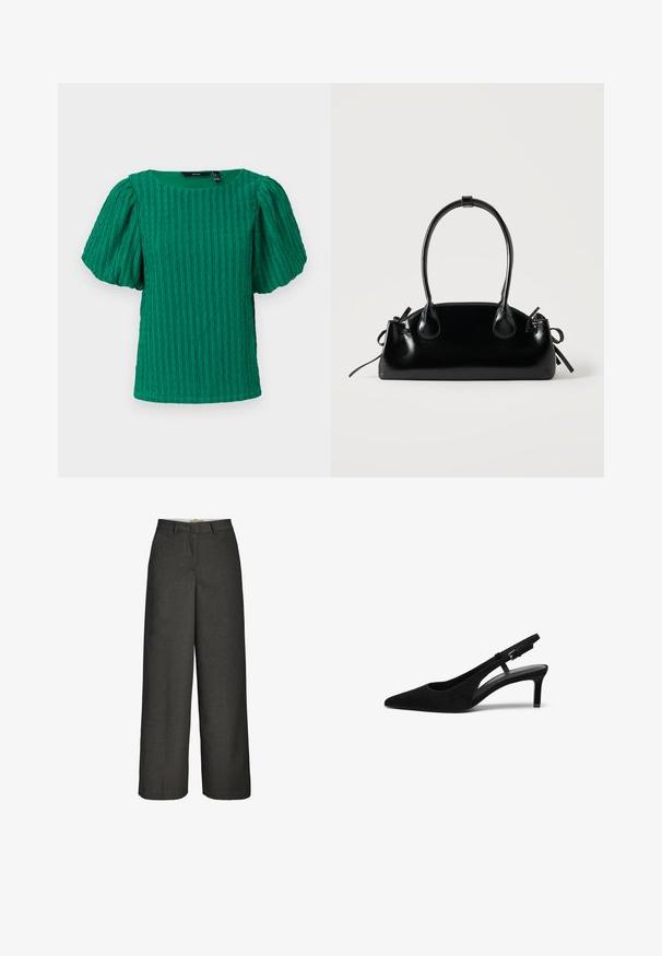 Haut vert texturé à manches courtes avec un décolleté carré et des manches bouffantes. Présente des détails à côtes verticales sur tout le tissu.; Pantalon gris foncé à jambes larges avec passants de ceinture et fermeture éclair frontale, présenté sur un fond blanc.; Chaussure slingback en suede noir avec un bout pointu, un talon bas, un côté ouvert et une sangle ajustable dotée d'une boucle en métal. Texture lisse.; Petit sac à main noir brillant avec deux longues anses et des détails à cordon sur les côtés sur un fond clair uni.