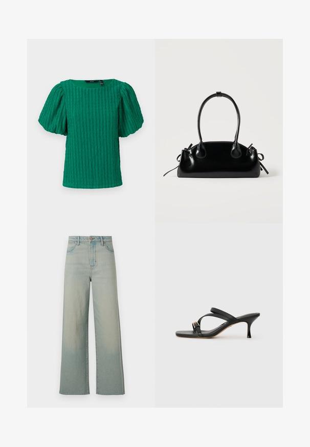 Groene gestructureerde top met korte mouwen, een vierkante halslijn en pofmouwen. Bevat verticale ribbeldetails door de stof.; Wrangler LOOSE STRAIGHT - Wijde jeans - silver lake; Zwarte haksandalen met een vierkante neus, twee kruissende banden, een gouden gespaccent en een slanke hoge hak. Gladde leren textuur.; Kleine zwarte glanzende handtas met twee lange hengsels en zijkant trekkoord details op een effen lichte achtergrond.