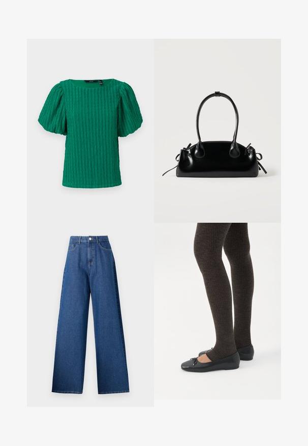 Haut vert texturé à manches courtes avec un décolleté carré et des manches bouffantes. Présente des détails à côtes verticales sur tout le tissu.; Jean en denim à jambe large de couleur bleu foncé, avec une taille haute, une fermeture à bouton à l'avant et un design classique à cinq poches. Texture lisse, sans motifs.; Jambes portant des leggings côtelés foncés associés à des ballerines noires avec de petits détails en nœud sur fond blanc.; Petit sac à main noir brillant avec deux longues anses et des détails à cordon sur les côtés sur un fond clair uni.