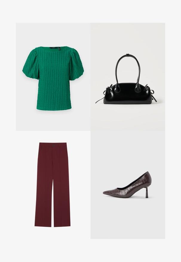Haut vert texturé à manches courtes avec un décolleté carré et des manches bouffantes. Présente des détails à côtes verticales sur tout le tissu.; Pantalons bordeaux avec une coupe évasée, dotés d'une fermeture à bouton, de deux poches latérales et de détails plissés à l'avant. Texture de tissu lisse.; Escarpins à bout pointu en similicuir marron avec une texture crocodile, dotés d’un talon fin et angulaire ainsi que d’une doublure intérieure lisse.; Petit sac à main noir brillant avec deux longues anses et des détails à cordon sur les côtés sur un fond clair uni.