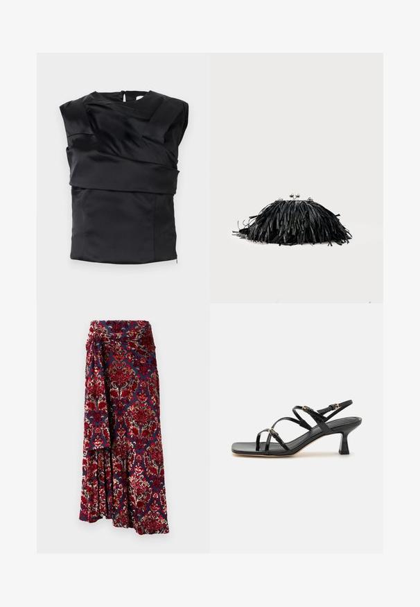 Schwarzes Satin-Top mit strukturiertem Design, breiten Schultern und asymmetrischem Vorderteil, das hinten mit einem Reißverschluss geschlossen wird.; Rabanne Maxirock - tapestry/navy/burgundy/red/cream; Schwarze lackierte Riemchensandalen mit quadratischer Zehenpartie und niedrigem Blockabsatz. Ausgestattet mit vergoldeten Beschlägen und verstellbaren Knöchelriemen.; Schwarze Clutch mit Fransen, silbernem Verschluss und Kettenriemen vor schlichtem, hellem Hintergrund.