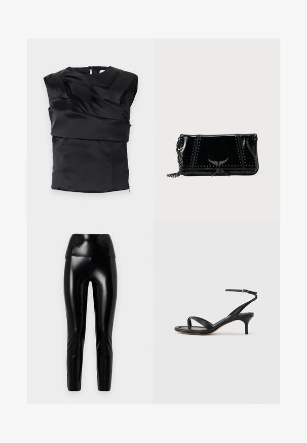 Sort satin top med en struktureret design, brede skuldre og en asymmetrisk frontpanel, lukket med en lynlås i ryggen.; Sorte faux læder leggings med høj talje, glat tekstur, tætsiddende ben og en blank finish. Ingen synlige sømme eller udsmykninger.; Sort damesandal i læder med tynde remme, en tå-loop, ankelspænde og en mellemhøj stiletthæl på en neutral baggrund.; Sort clutch i laklæder med nitteaccenter, kæderem, klaplås og præget vinge-detalje foran, glat tekstur, rektangulær form.