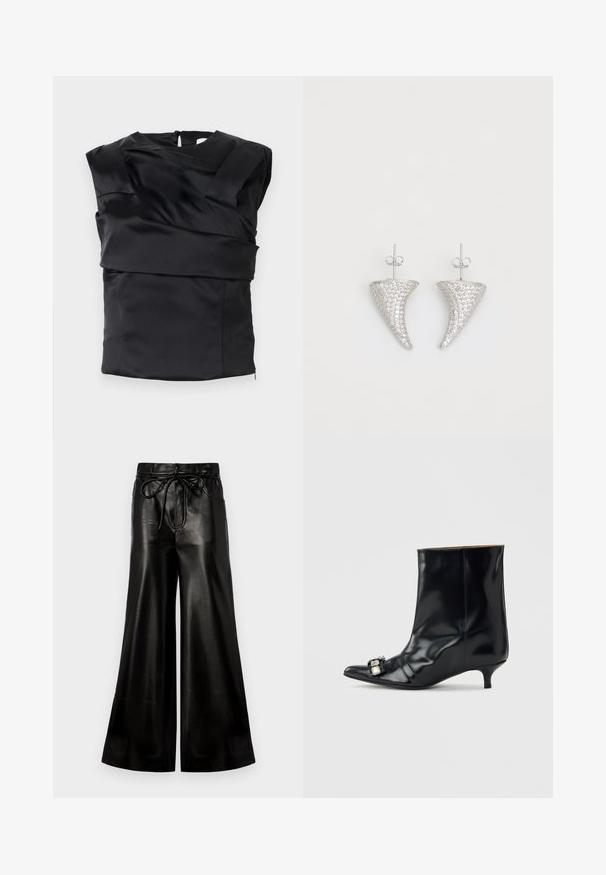 Schwarzes Satin-Top mit strukturiertem Design, breiten Schultern und asymmetrischem Vorderteil, das hinten mit einem Reißverschluss geschlossen wird.; Schwarze Leder-Hosen mit weitem Bein und Kordelzugbund. Glatte Textur, hohe Taille, lockere Passform, mit seitlichen Taschen und Knopfverschluss.; Schwarzer Leder-Stiefelette mit spitzem Zehen, niedrigem Kitten-Heel und dekorativer silberner Schnalle seitlich nahe der Zehen.; Silberne, hornförmige Ohrringe, besetzt mit kleinen klaren Steinen, mit einem Steckverschluss zur Befestigung. Glatte Textur und metallisches Finish.