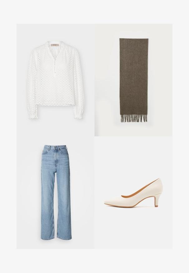 Witte blouse met lange mouwen met oogjespatroon, geschulpte zoom en manchetten, knoopsluiting met drie knopen en licht opgepofte schouders.; Lichtblauwe high-waisted jeans met een rechte pijp, gemaakt van denim, met een sluiting aan de voorkant met knopen en subtiele vervagingdetails.; Witte leren hoge hak met een puntige neus en een slanke, licht hellende hak. Gladde textuur met een minimalistisch ontwerp en een tan gekleurde zool.; Bruine wollen sjaal met lange franjes die tegen een witte achtergrond hangt.