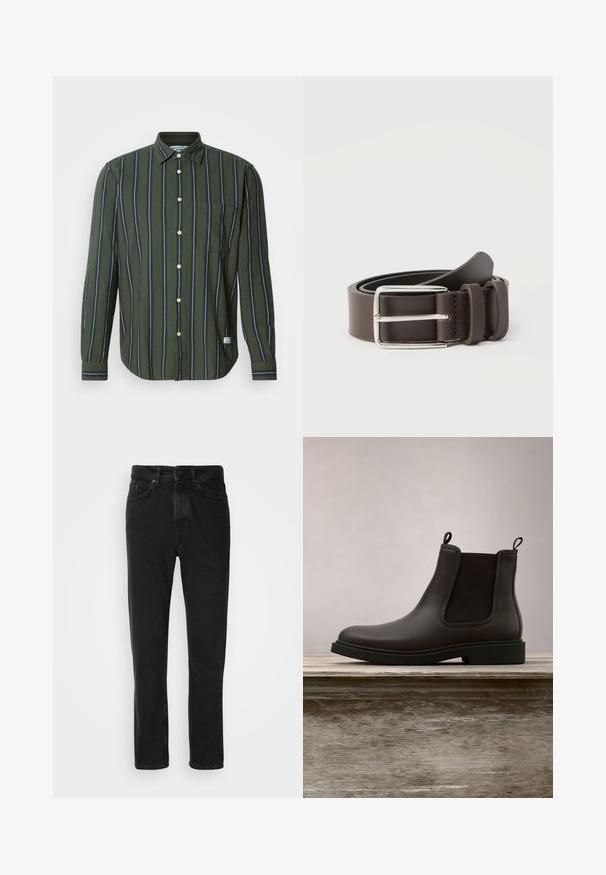Groen shirt met lange mouwen met verticale strepen in marineblauw en wit. Voorzien van een knoopsluiting, kraag en een borstzakje.; Zwarte denim jeans met een recht ontwerp, voorzien van een knoop- en ritsluiting, voorzakken en een subtiele textuur.; Zwarte leren Chelsea-boot met elastische zijpanelen en trekbanden, zwevend boven een houten bankje buiten met een achtergrond van gras.; Bruine leren riem met een zilveren metalen gesp, met een gladde textuur en een eenvoudig ontwerp. Voorzien van een lus voor aanpassing en bevestiging.