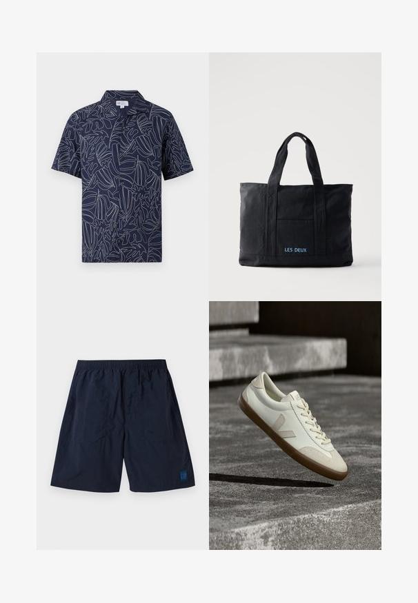Chemise homme bleu marine à manches courtes avec boutons, motifs abstraits blancs de feuilles en lignes et col.; Shorts bleu marine en matériau léger avec une taille élastique et un petit logo carré GAP en bas à droite.; Baskets en cuir blanc avec semelle en caoutchouc beige, lacets plats et accent en forme de V sur le côté. Présentent une surface lisse et peu de détails de couture.; Sac cabas en toile noire avec deux anses, poche avant et "LES DEUX" brodé en bleu sur la poche avant.