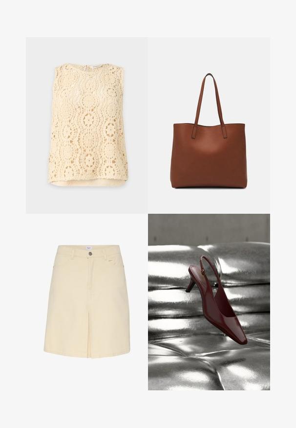 Ærmeløs beige hæklede blonde top med blomsterformede cirkelmønstre og en beige foring, vist mod en ensfarvet baggrund.; Lys beige denimnederdel med slids foran, standard talje og klassisk fem-lommer design. Glat tekstur og minimalistisk stil.; Rød laklædersko med slingback, spids snude og lav hæl, med en guldsmykke nær ankelremmen.; Brun læder tote taske med en glat overflade, åben topdesign og to skulderremme. Har minimal syning og ingen synlig hardware.