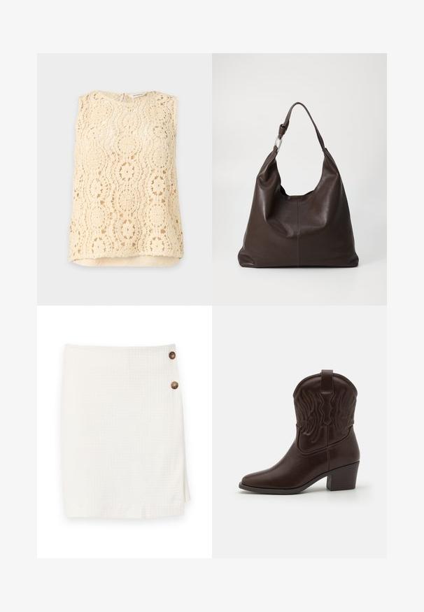 Top sin mangas beige de encaje de crochet con patrones florales circulares y forro beige, mostrado sobre un fondo liso.; Falda blanca con una tela texturizada, que presenta un diseño tipo envolvente y dos botones redondos en el lateral para el cierre.; Botas de cowboy de cuero marrón con puntas afiladas, patrones de alas en relieve, un tacón bloque de altura media y una tira en la parte trasera.; Zign by Zalando LEATHER - Bolso shopping - chocolate brown