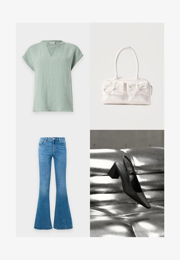 Blouse courte en tissu texturé vert clair avec un col en V et une coupe décontractée sur un fond uni.; Jean flare en denim bleu avec une taille mi-haute, comportant cinq poches, un bouton standard et un léger délavage pour la texture.; Escarpin noir à bride arrière avec bout pointu, présentant une surface texturée et un talon bloc épais. Posé sur un fond métallique brillant.; Sac à main synthétique blanc avec deux poches avant, chacune ornée d'un nœud noué. Texture lisse, anses arrondies et fermeture zippée.