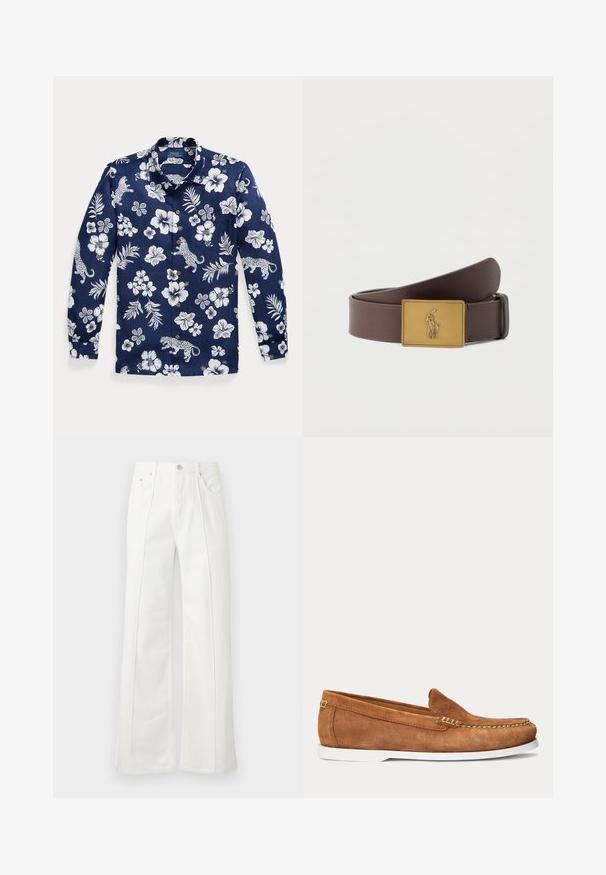 Chemise bleu marine à manches longues, boutonnée, avec motif floral blanc et imprimé léopard, et col.; Pantalon blanc taille haute à jambes larges avec coutures devant, passants de ceinture, fermeture par bouton et poches latérales sur fond uni.; Mocassin en daim marron avec semelle blanche et coutures beige le long de l'avant-pied et du bord supérieur, présenté en vue latérale sur fond uni.; Ceinture en cuir marron avec une boucle rectangulaire en or ornée d'un joueur de polo en relief à cheval tenant un maillet.