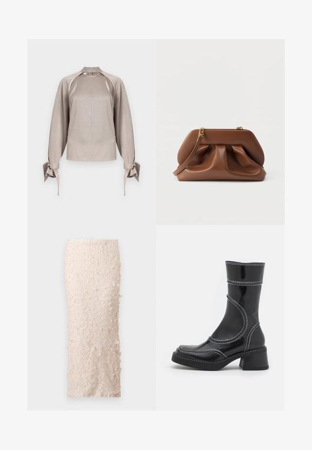 Beige bluse med lange ærmer, udskårede skuldre, høj krave og bundne manchetter, vist på en ensartet lys baggrund.; Cremefarvet blyantskirt i blonde med blomsterapplikationer. Designet er tætsiddende, med en glat tekstur og detaljerede udsmykninger.; Sort patenteret læder ankelstøvle med hvid stikning, rund tå og blokhæl. Har buede designlinjer og en glat tekstur.; Brun clutchtaske i læder med rynket design, guldfarvet hardware og aftagelig håndledsrem på hvid baggrund.