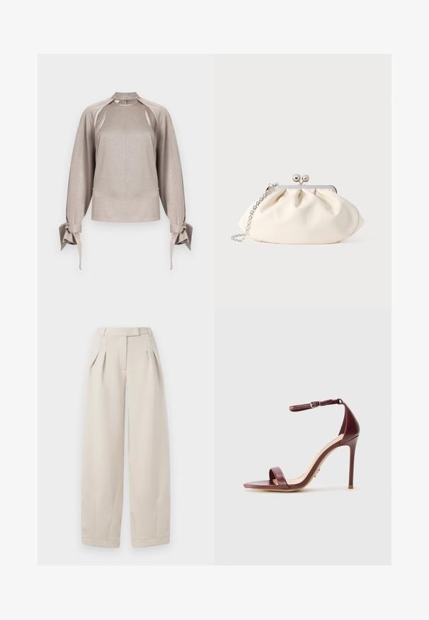 Blouse beige à manches longues avec épaules découpées, col haut et poignets noués, présentée sur un fond clair uni.; Pantalons beige taille haute et jambes larges avec des plis à l'avant, passants de ceinture et fermeture discrète à l'avant.; Sandale à talons aiguilles en cuir bordeaux avec une bride de cheville, bout ouvert et texture lisse et mate. Dotée d'un talon fin et d'un design minimaliste.; Pochette en tissu crème avec un design froncé, cadre en métal argenté, deux boules décoratives, et une bandoulière chaîne argentée.
