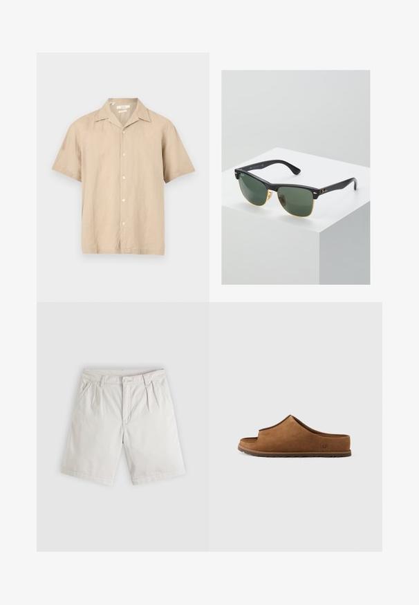 Chemise beige pour homme à manches courtes avec col à revers, boutonnée sur le devant, présentée à plat sur un fond blanc.; Shorts beige clair longueur genou avec plis à l'avant, poches latérales, passants pour ceinture et fermeture à bouton sur un fond gris clair.; Sandale glissière en daim marron avec un design à bout ouvert, semelle plate en caoutchouc et un détail discret du logo sur le côté. Texture lisse partout.; Lunettes de soleil Ray-Ban avec des verres verts, monture en plastique noir et accents dorés sur les bords. Forme carrée avec une finition mate.