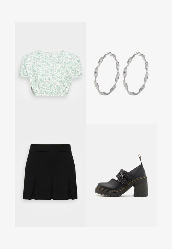 Bloemen crop top met korte mouwen, gemaakt van lichtgewicht stof. Witte basis met een klein groen bloemenpatroon en gerimpelde taille detail.; Even&Odd by Zalando Minirok - black; Zwarte hoge hakken met een gestructureerde zool, voorzien van twee zilveren gespen, gele stiksels en een lus aan de achterkant voor gemakkelijk aan- en uittrekken.; Zilveren ringoorbellen met een gedraaide ontwerp, met een gestructureerd oppervlak en een veilige sluiting. Lichtgewicht en reflecterend met een vloeiende afwerking.