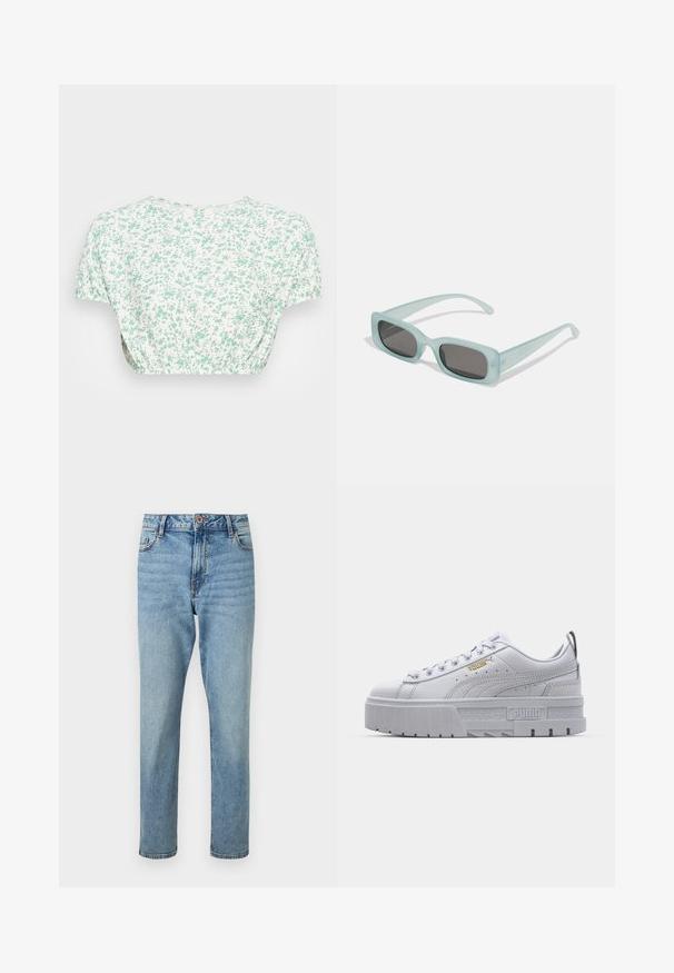 Blomstrede crop top med korte ærmer, lavet af letvægtsstof. Hvid bund med små grønne blomster mønster og rynket talje detaljer.; Lyseblå højtaljede jeans med rette ben, forsideknap og lynlåslukning, forlommer og subtile falmede detaljer.; Hvide platform sneakers med en glat læderoverdel, polstret krave, grå gummisål og gyldne detaljer med Puma-logoet.; Et par rektangulære solbriller med lyseblå gennemsigtige stel og mørkegrå linser, der har lige templer og minimale hardware detaljer.
