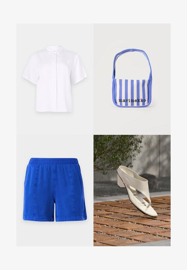 Kurzärmliges, weißes Hemd aus glattem Stoff, mit einem spitzen Kragen und einer Knopfleiste mit einem grünen Akzentknopf.; Blaue Baumwollshorts mit einem elastischen Bund, seitlichen Taschen und gesteppten Nähten, die eine glatte Textur und ein lässiges Design aufweisen.; Weißer Ledersandalette mit hohem Absatz, breitem Riemen und Zehensteg, im Freien auf einer Holz- und Kiesfliesenfläche mit Grün im Hintergrund gezeigt.; Blau-weiß vertikal gestreifte Stoff-Umhängetasche mit dem in Schwarz auf der Vorderseite eingestickten Schriftzug "marimekko".