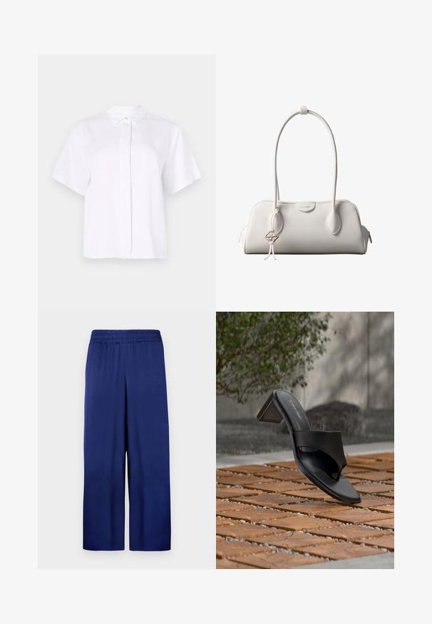 Camisa blanca de manga corta confeccionada en tela suave, con cuello puntiagudo y una botonera con un botón de acento verde.; Pantalones de pierna ancha en azul marino con una cintura elástica, fabricados en tela suave, que presentan un diseño simple y funcional sin patrones visibles.; Sandalia de tacón negra de Calvin Klein con lazo en el dedo sobre un suelo de baldosas de madera al aire libre, cerca de un árbol y un muro de piedra.; Bolso de hombro blanco de Calvin Klein con asas largas, forma rectangular, cierre de cremallera y charm decorativo con el logo colgando cerca del asa.