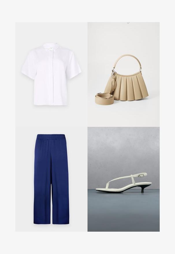 Camisa blanca de manga corta confeccionada en tela suave, con cuello puntiagudo y una botonera con un botón de acento verde.; Pantalones de pierna ancha en azul marino con una cintura elástica, fabricados en tela suave, que presentan un diseño simple y funcional sin patrones visibles.; Sandalia blanca de tacón kitten con tiras y punta afilada, flotando sobre un suelo de baldosas de madera al aire libre, con un fondo desenfocado de plantas y pared.; Lacoste LENGLEN BAG - Bolso de mano - viennois
