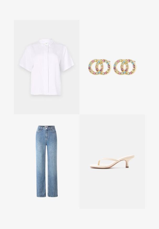 Kortgerit shirt in het wit, gemaakt van een gladde stof, met een spitse kraag en een knoopsluiting met een groene accentknop.; Lichtblauwe high-waisted jeans, gemaakt van denim, met een rechte pasvorm, vijf zakken en een metalen knoopsluiting.; Beige open-teen sandaal met hiel, voorzien van een teenslipperriempje en lage kittenheel, zijaanzicht tegen een effen witte achtergrond.; Gouden oorbellen met cirkelvormige ontwerpen, versierd met meerkleurige kristallen in roze, blauw en groen. Getextureerde, drievoudige ringvorm.