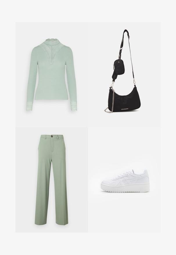 ONLY ONLTILDE L/S HIGH NECK LACE TOP JRS NOOS - Blouse - chinois green; Pantalon vert clair à jambe droite avec passants de ceinture, poches latérales et fermeture à bouton sur la taille.; Baskets plateformes blanches avec une texture en cuir lisse, des détails perforés et des lacets plats ; dotées d'une épaisse semelle en caoutchouc blanc.; Sac en nylon noir à l'épaule avec une forme incurvée, accent en chaîne argentée, pochette mini amovible et bandoulière ajustable ; présente le logo "Steve Madden".