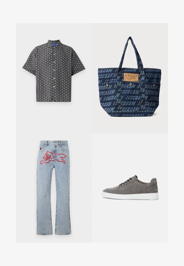 Kurzärmliges Button-Down-Hemd aus schwarzem Stoff mit einem weißen Blättermuster, spitzem Kragen und gleichmäßig angeordneten sandfarbenen Knöpfen an der Vorderseite.; Helle blaue Denim-Jeans mit geradem Beinschnitt, einem großen roten, cartoonhaften Katzenmotiv auf der Rückseite und der klassischen Fünf-Taschen-Optik.; Grauer Low-Top-Sneaker aus Wildleder mit schwarzen Schnürsenkeln und weißer Gummisohle, Seitenansicht, zeigt den Markennamen auf der Fersenschlaufe.; Dunkelblaue Denim-Tragetasche mit wiederholtem "EISCREME"-Text. Verfügt über ein braunes Logo-Patch und zwei Druckknopf-Taschen auf der Vorderseite.