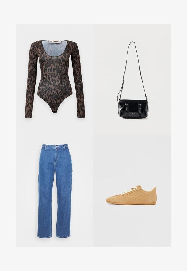 Langärmliger Body mit braunem und schwarzem, abstraktem Schlangen- und Tierdruck, rundem Ausschnitt und Fiorucci Milano-Label im Kragen.; Blaue High-Waist-Jeans mit geradem Bein, ausgestattet mit einem Frontknopfverschluss und seitlichen Taschen. Glatte Textur und keine sichtbaren Muster.; Beige Wildledersneaker mit abgerundeter Spitze, kontrastierenden Schnürsenkeln und einem strukturierten Obermaterial mit einem markanten Design an der Seite.; Schwarze Lederschultertasche mit verstellbarem Riemen, zwei vertikalen Reißverschlüssen vorne und einem kleinen metallischen Flügel-Emblem unter den Reißverschlüssen.