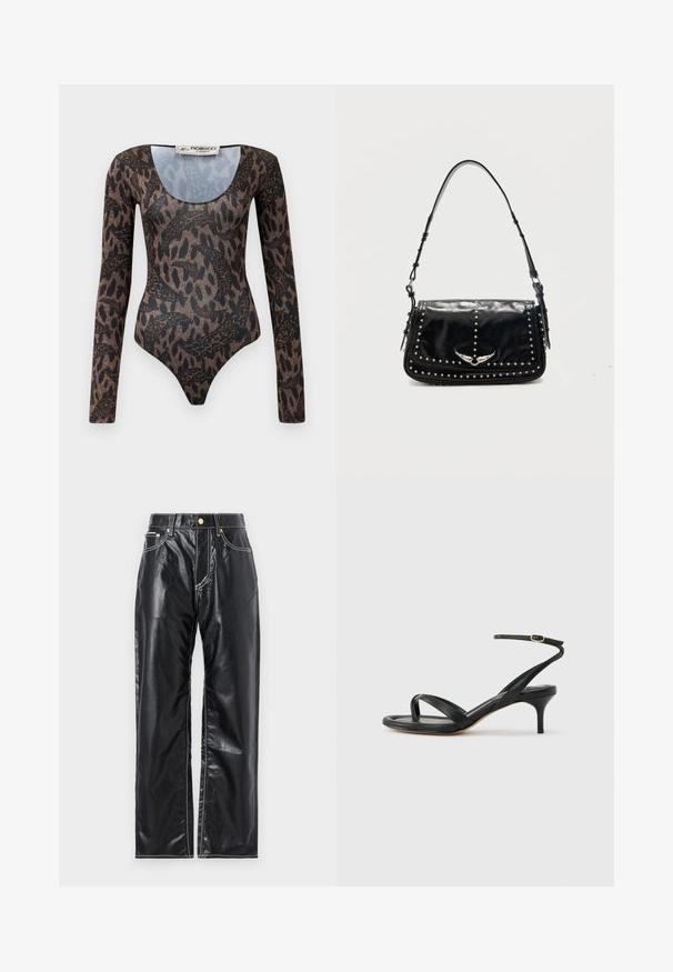Langsleeve bodysuit met een bruin en zwart abstract slang- en dierenprint, ronde halslijn en Fiorucci Milano-label in de kraag.; Zwarte neplederen broek met een wijduitlopende snit, voorzien van witte stiksels, voorzakken en een gouden knoop in de taille.; Zwarte leren dames sandaal met dunne bandjes, een teengreep, een enkelgesp en een stilettohak van gemiddelde hoogte op een neutrale achtergrond.; Zwarte leren schoudertas met zilverkleurige studs en een metalen vleugel-embleem op de voorklep tegen een effen achtergrond.