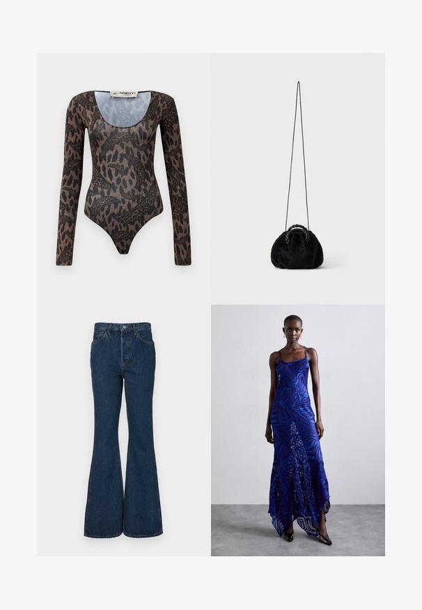 Langærmet bodysuit med brun og sort abstrakt slange- og dyreprint, scoop neckline og Fiorucci Milano-label indeni kraven.; Mørkeblå flare jeans lavet af denim. Har høj talje, fem lommer og kontrastsyet. Glat tekstur og ren finish.; Blå og lilla dyreprint maxi kjole med tynde stropper, en tætsiddende bodice, flagrende kant og gennemsigtig overlay-detaljering.; Lille sort taske i kunstpels med flettede top-håndtag og lang tynd skulderrem på ensfarvet baggrund.