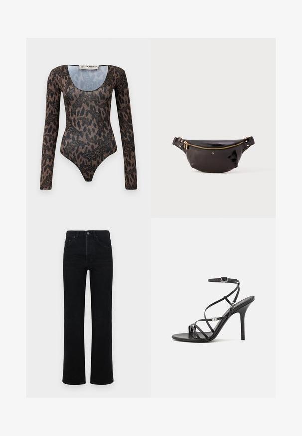 Langsleeve bodysuit met een bruin en zwart abstract slang- en dierenprint, ronde halslijn en Fiorucci Milano-label in de kraag.; Zwarte denim jeans met een hoge taille, rechte pijpen, vijfzakken ontwerp en een sluiting met een knoop aan de voorkant. Gladde textuur, minimale detaillering.; Zwarte hoge hakken sandaal met dunne banden, een enkelgesp, een gladleren oppervlak en een slanke stilettohak.; Zwarte, glanzende leren heuptas met een gebogen ontwerp, gouden ritsaccent, verstelbare band en kleine decoratieve hardware.
