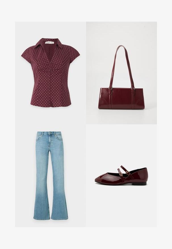 Blouse bordeaux à manches courtes avec des pois roses, un col en V et un détail froncé au centre devant.; Jean en denim bleu clair à taille haute, fermeture avant par bouton et zip, poches avant et arrière, et jambes évasées.; Anna Field by Zalando Babies - dark red; Sac à main bordeaux en matériau brillant, de forme rectangulaire, avec deux anses et des accents légèrement courbés à l'avant.