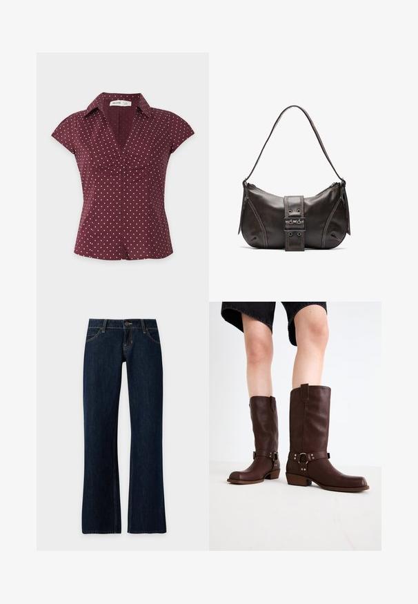 Kortademige bordeauxrode blouse met roze polkadots, een kraag met V-hals en geplooide details in het midden voor.; Donkerblauwe denim spijkerbroek met een rechte pijp, voorzakken, riemlussen en een knoopsluiting op een effen achtergrond.; Bruine leren kniehoge laarzen met een ronde neus, gestructureerd oppervlak, enkelriem en zilveren hardware-detail; opgestapelde hak.; Bruine leren schoudertas met een gebogen vorm, voorzien van een opvallende gespdetail, contrasterende stiksels en een enkele schouderband.