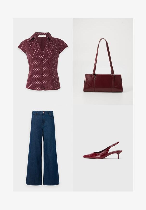 Blouse bordeaux à manches courtes avec des pois roses, un col en V et un détail froncé au centre devant.; Jeans en denim bleu à jambe large avec fermeture à bouton sur le devant, passants de ceinture et design à cinq poches sur un fond blanc.; Escarpin à talon kitten en cuir bourgogne avec texture crocodile, bout pointu, bride ajustable et talon bas sur fond blanc.; Sac à main bordeaux en matériau brillant, de forme rectangulaire, avec deux anses et des accents légèrement courbés à l'avant.