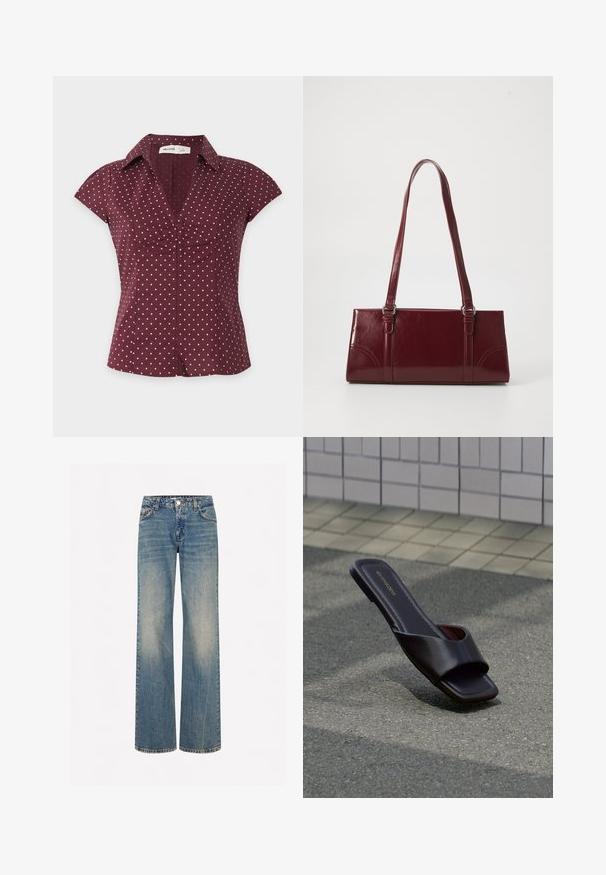 Blouse bordeaux à manches courtes avec des pois roses, un col en V et un détail froncé au centre devant.; Jeans en denim bleu clair à jambes larges avec une texture délavée, cinq poches, une fermeture à bouton et des coutures contrastées le long des coutures.; Sandale slide marron foncé à bout carré et large bride, posée sur un goudron gris près d'un trottoir carrelé.; Sac à main bordeaux en matériau brillant, de forme rectangulaire, avec deux anses et des accents légèrement courbés à l'avant.