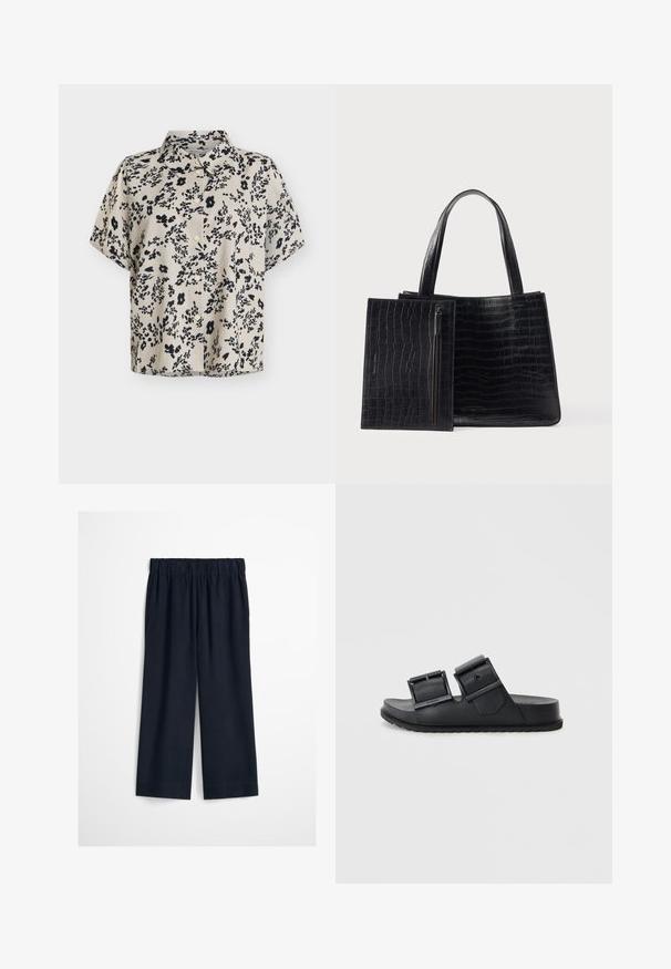 Blusa beige de manga corta con estampado floral abstracto negro y botones frontales, con cuello clásico.; Pantalones negros de pierna ancha con cintura elástica, sin bolsillos visibles ni adornos, mostrados sobre un fondo liso.; Sandalias de slide negras hechas de un material texturizado con dos correas ajustables que cuentan con hebillas. Suela plana con un diseño de dibujo para mayor agarre.; Bolso tote negro con patrón de cocodrilo, con textura lisa y dos asas resistentes. Incluye un estuche desmontable con cremallera.