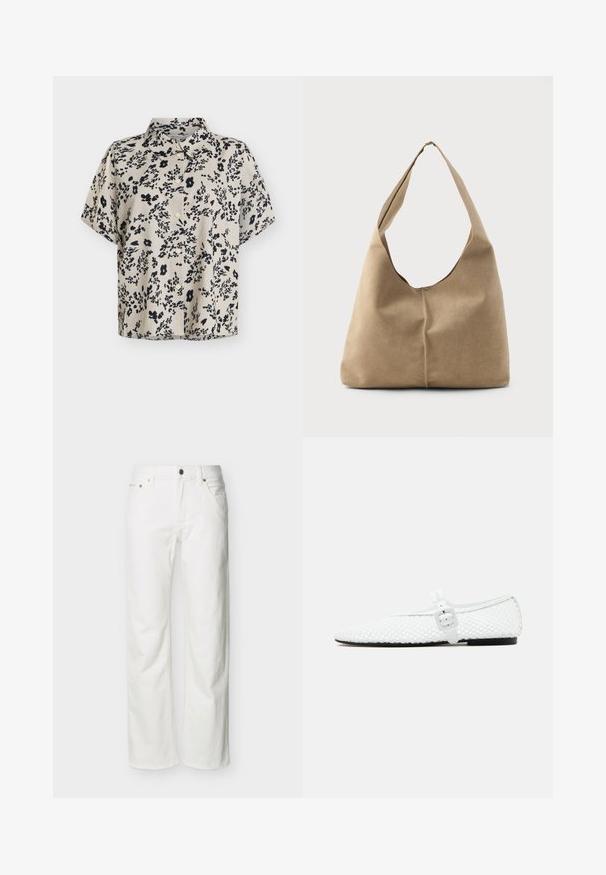 Blouse beige à manches courtes avec imprimé floral abstrait noir et boutons à l'avant, dotée d'un col classique.; Jean blanc à jambes droites avec poches avant, passants pour ceinture, fermeture par bouton, et coutures visibles sur un fond uni.; Chaussure plate blanche avec tige en mesh et une bride blanche ornée d'une boucle carrée, présentée sur un fond gris clair uni.; Sac hobo en suède beige doux avec une forme décontractée, une large bandoulière et un détail de couture à la main sur le devant.