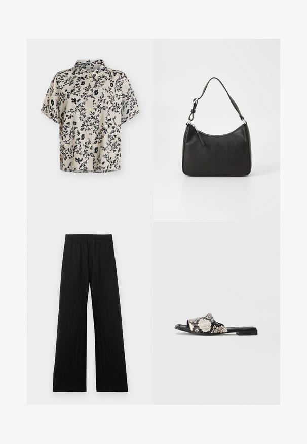 Blusa beige de manga corta con estampado floral abstracto negro y botones frontales, con cuello clásico.; Pantalones negros de pierna ancha hechos de tela de algodón. Presentan una cintura elástica y un acabado suave y texturizado. Sin patrones ni detalles visibles.; Sandalias deslizantes de punta abierta con un patrón de piel de serpiente en blanco y negro, suela negra plana y diseño minimalista. Textura suave, materiales sintéticos.; Bolso de mano de cuero negro con forma curvada, una sola correa, cierre de cremallera y marcas sutiles en la parte frontal. Textura suave, diseño minimalista.
