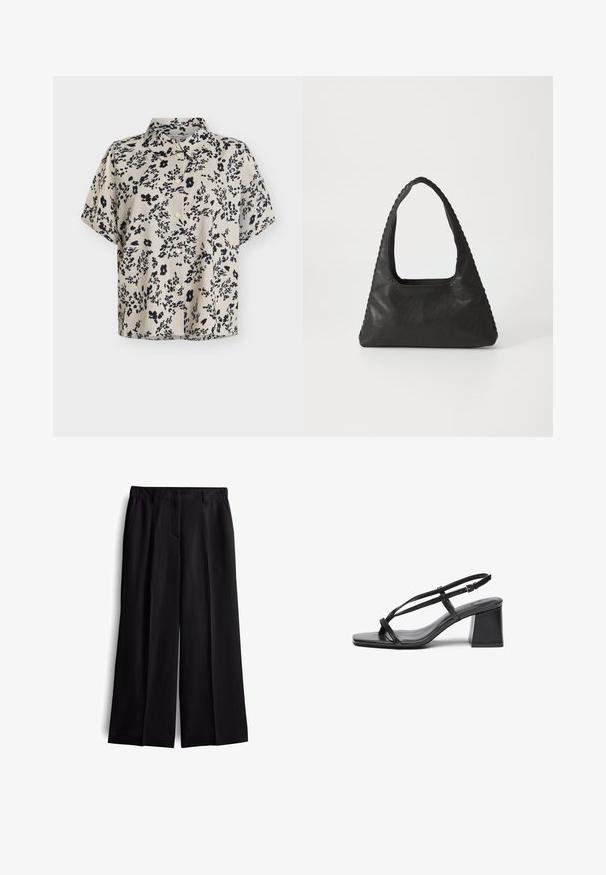 Beige Kurzarmbluse mit schwarzem abstraktem Blumenmuster und Frontknöpfen, mit klassischem Kragen.; Schwarze Culottes mit glatter Textur, die über vordere Taschen und ein klares, maßgeschneidertes Design verfügen. Keine sichtbaren Verschlüsse oder Muster.; Schwarze Leder-High Heelsandalen mit quadratischer Zehenform, dünnen Riemen und Blockabsatz. Glatte Textur mit minimalen Akzenten, entworfen für einfachen Tragekomfort.; Schwarze Lederhandtasche mit dreieckiger Form, einem großen Ausschnittgriff und detaillierter Naht entlang der Kanten. Glatte Textur.