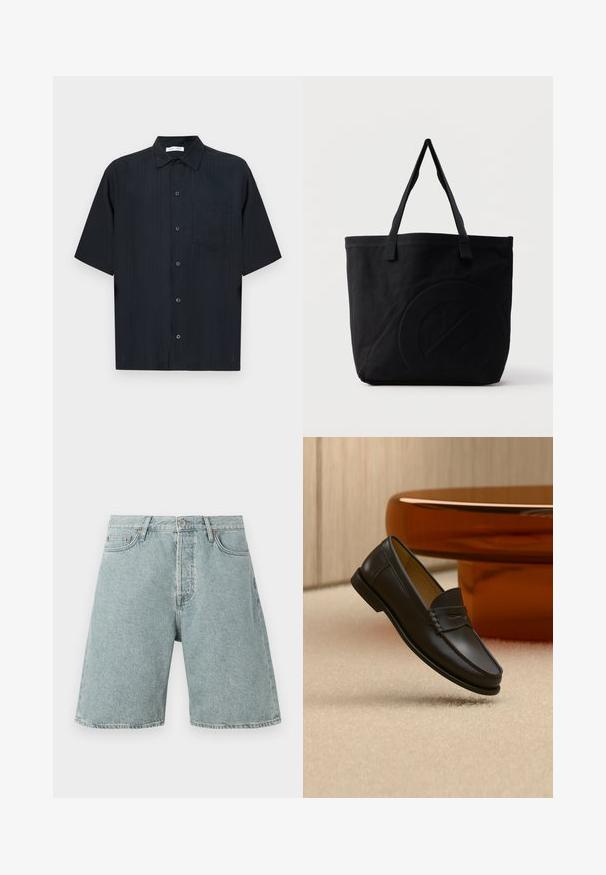 Schwarzes Kurzarmhemd aus strukturiertem Stoff, mit durchgehender Knopfleiste, einer kleinen Brusttasche und klassischem Kragen.; Hellblaue Jeans-Shorts mit lässiger Passform, fünf Taschen und Knopfverschluss. Abgeriebene Textur mit sichtbaren Nähten.; Schwarzer Leder-Loafer, der über einem hellbeigen Teppich schwebt, mit bernsteinfarbenen modernen Möbeln im Hintergrund.; Schwarze Canvas-Shopper-Tasche mit zwei Schulterriemen und einem dezenten, eingeprägten kreisförmigen Design auf der Vorderseite.