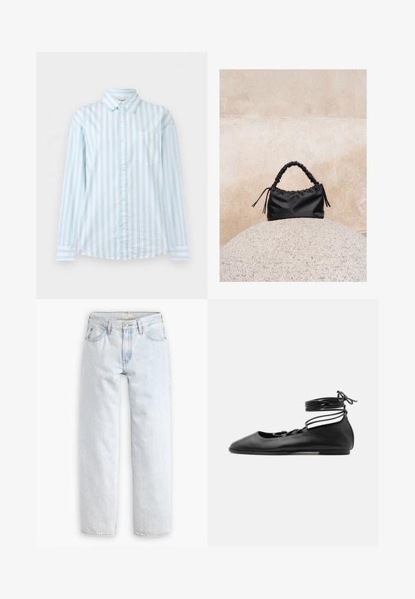 Lyseblå og hvide vertikalt stribede skjorte med lange ærmer, knapper foran, brystlomme og klassisk krave.; Lyseblå, lige ben denim jeans med høj talje, der har fem lommer, en frontknaplukning og synlige syninger.; Sort læder flad balletsko med spids tå, flere tynde stropper over toppen og snørebånd viklet rundt om anklen.; Sort håndtaske med rynkede detaljer og et samlet håndtag, hvilende på en tekstureret stensfære mod en beige betonvæg.