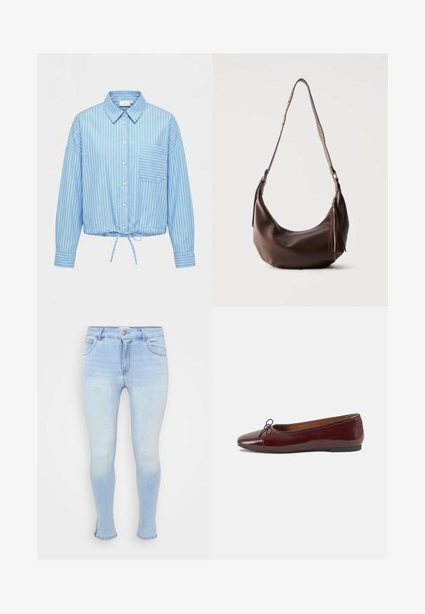 Lyseblå skjorte med hvide lodrette striber, en brystlomme, lange ærmer og en snøre ved nederste kant.; Lyseblå skinny jeans lavet af denim, med fem lommer, lukning med knap og lynlås, og let slidte for et brugt udseende.; Bordeaux patentlæder balletflad med rund tå, lille sløjfeaccent foran og en lav, sort gummisål. Glat tekstur.; Brun skuldertaske i læder med guldnitter på stroppen og læderrispynte lynlås, vist mod en ensfarvet baggrund.