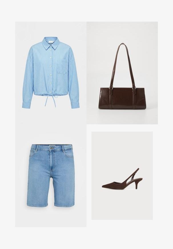 Lichtblauw overhemd met witte verticale strepen, één borstzak, lange mouwen en een trekkoord onderaan de zoom.; Lichtblauwe denim shorts met een klassieke snit, voorzien van een knoopsluiting aan de voorkant, riemlussen en twee zijzakken. Gladde textuur en rechte zoom.; Donkerbruine suède slingback-schoen met puntige neus en lage kittenhak op een effen lichte achtergrond.; Bruine lakleren handtas met een rechthoekige vorm, twee lange handvatten en subtiele gebogen accenten aan de voorkant.